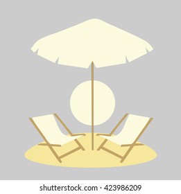 Day  on the beach, flat design,  benches and umbrella 
