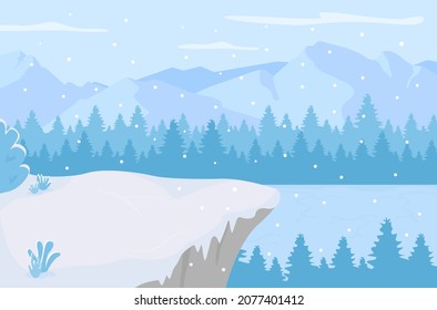 Day on frozen lake flat color vector illustration. Snowflakes falling on hills in woodland. Wintertime snowy 2D cartoon landscape with wintry woods near mountain peaks on background