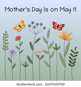 Mother’s Day is on May 11. Square greeting card with colorful flowers and butterflies.