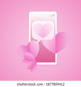 Valentine’s Day on smartphone sending pink heart on pink background.valentine background and valentine vector.
