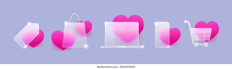 Valentine’s Day online shopping glass morphism icons on gray background. Tag, bag, laptop, smartphone and cart vector symbol