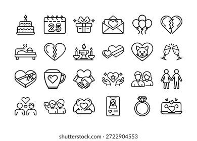 Valentine’s Day Outline Vector Icon Set – Love, Romance, Hearts and Couples