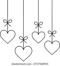 Dia dos Namorados esboço de ilustração vetorial de decorações penduradas suspensas de cordas finas com arcos de fita