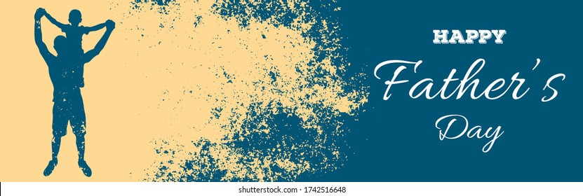 Father’s Day panoramic banner with grunge effect and silhouette of dad and son. Poster with retro iron texture. Concept with a man and a child on the shoulders. Vector illustration with copy space.