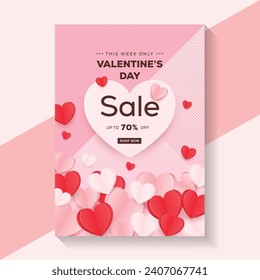 Valentine’s Day Paper Craft Sale Banner Template Store Discount Promotion With White Heart Shape Space 