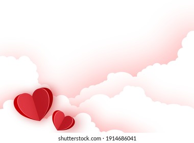 Día de San Valentín con corazones de papel sobre fondo de nubes, ilustración vectorial 