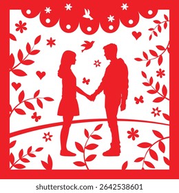 Dia dos Namorados Papercut Style Card Romantic Couple Holding Mãos cercadas por corações, pássaros, folhas e flores. Perfeito para cartões de Dia dos Namorados, decoração romântica, designs de casamento