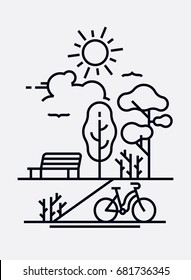 Day in the park vector concept. Lovely nature and outdoors themed primitive flat line landscape with sun, bench, trees and bicycle