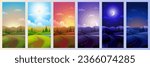 Day parts. Landscape in night morning noon sunset background recent vector cartoon template