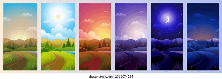 Day parts. Landscape in night morning noon sunset background recent vector cartoon template