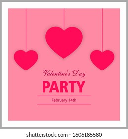 Valentine’s Day party invitation card. Can be used as a banner, poster, postcard, flyer. Vector illustration with pink hearts and text on  isolated background