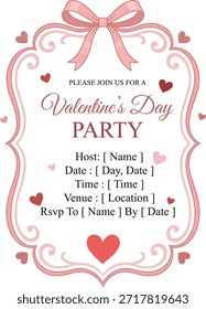 Plantilla de la invitación del partido del día de San Valentín con el marco decorativo del corazón aislado en el fondo blanco