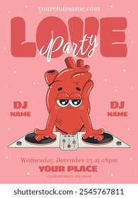 Valentine’s Day party invitation template. Retro cartoon style poster, banner, flyer. Funky groovy heart character as a DJ. 