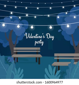 Valentine’s Day party poster on dark blue background with tree, bench and garlands in the park. Vector illustration, night landscape