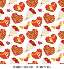 Valentine’s Day pattern with chocolate boxes, candy, hearts, and bouquets. Seamless vector illustration perfect for sweet and romantic occasions. Ideal for wrapping paper, invitations and decor