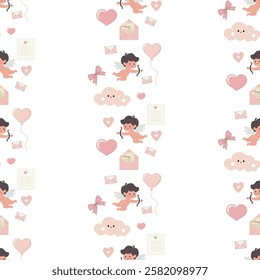 Valentine’s Day pattern with cupids, clouds, hearts on a light background. Seamless background perfect for use in textiles, wallpapers, and festive decorations.
