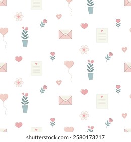 Valentine’s Day pattern with pink hearts, flowers, letters on a white background. Seamless background perfect for use in textiles, wallpapers, and festive decorations.