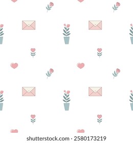 Valentine’s Day pattern with pink hearts, flowers, letters on a white background. Seamless background perfect for use in textiles, wallpapers, and festive decorations.