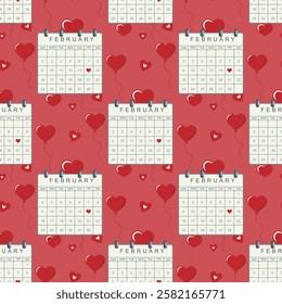 Valentine’s Day pattern with red hearts, calendar on a red background. Seamless background perfect for use in textiles, wallpapers, and festive decorations.