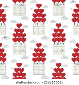 Valentine’s Day pattern with red hearts, calendar, balloons, clouds on a white background. Seamless background perfect for use in textiles, wallpapers, and festive decorations.