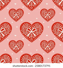 Valentine’s Day pattern with red hearts on a red background. Seamless background perfect for use in textiles, wallpapers, and festive decorations.