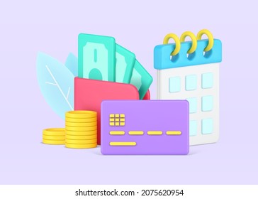 Día de pago con tarjeta de débito de dinero en efectivo y calendario Icono 3d ilustración vectorial isométrica. Aviso de aviso de aviso de hipoteca de pago importante, crédito o salario recibido con horario y monedas