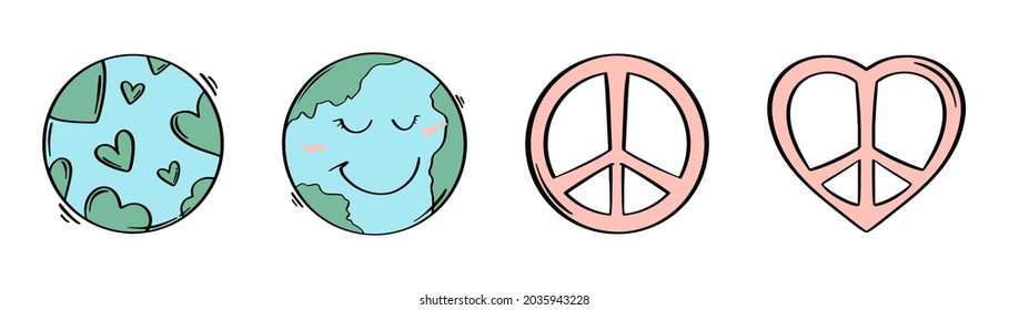 Day of peace. Hand drawn earth and peace symbol. Heart shape with earth. Sketch style