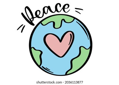 Day of peace. Hand drawn earth. Heart shape with earth. Sketch style