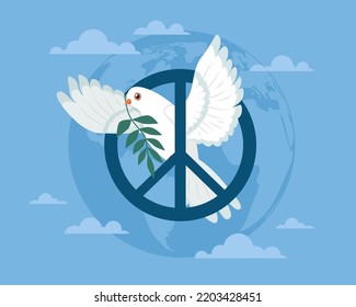Day peace international, love symbol, tranquility and calm, harmony. White dove with olive branch in its beak, flying in sky. Banner template, poster design. Vector cartoon flat concept