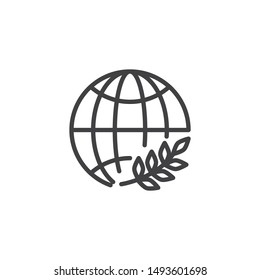 Day of Peace line icon. linear style sign for mobile concept and web design. World globe with olive branch outline vector icon. Symbol, logo illustration. Vector graphics