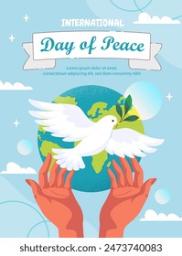 Day of peace poster. Hands produce swan with branch in beak against background of planet. Independence and freedom. International holiday 21 september. Cartoon flat vector illustration