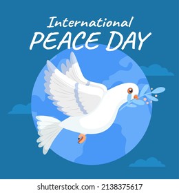 Day of peace poster. World hope international holiday. White bird with green twig in beak. Flying animal and olive branch. Peaceful pigeon on Earth backdrop. Dove and sprigs. Vector concept
