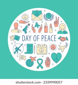 Day of peace round poster in line style. Pacifism symbols. Vector illustration.