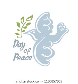 Day of Peace. Vector dove with olive branch. Hand draw naive illustration. Flat design.