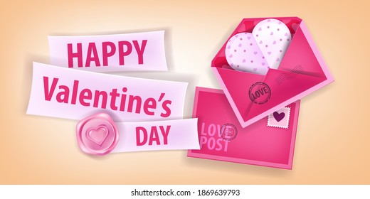 El Día de San Valentín fondo vectorial rosa con sobres, postal de corazón de papel, letras, cera sellante. Feliz viaje de amor diseño 3D de tarjetas de felicitación. Banner del Día de San Valentín para ventas, promociones