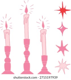 Valentinstag rosa Vektorgrafiken Set, Romantische und niedliche Bilder von Kerzen mit Kerzenständer und Sternen.
