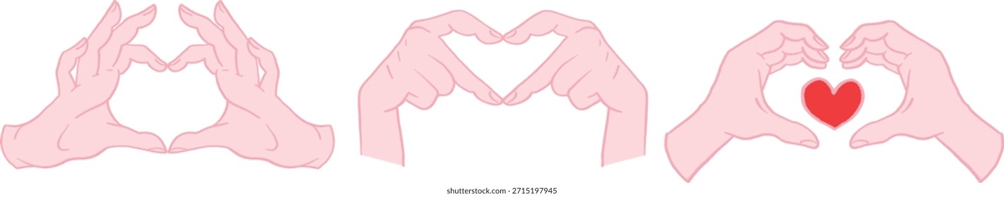 Valentine’s Day Pink Vector illustrations Set, Romantic and cute pictures of hands love shapes and signs. 