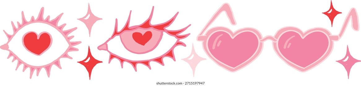 Dia dos Namorados Pink Vetor ilustrações Set, fotos românticas e bonitas de olho, óculos de sol em forma de coração e estrelas. Apaixone-se.