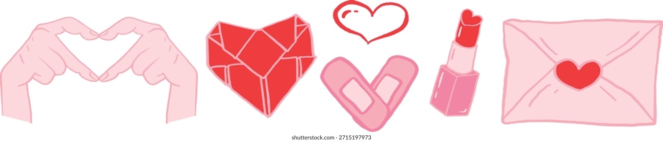 Valentine’s Day Pink Vector illustrations Set, Romantic and cute pictures of hand heart sign, origami, love letter, tape and lipstick.