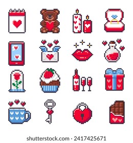 Valentine’s day pixel art set. Isolated vector icons with teddy bear, ring, calendar, rose, wine, love potion and cupcake. Pixelated love and romantic stickers in 8-bit style.