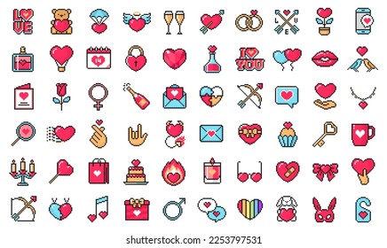 Valentine’s day pixel icons set. Love symbols isolated on white background, vector signs