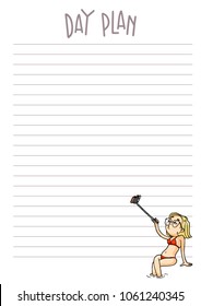 Day plan printable page. Vector organizer template with cartoon illustration. Daily planner.