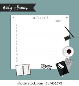 Day planner concept. Men's desktop. Hand drawn vector flat illustration. 