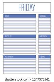 Day planner, Friday planner for diary, notebook. Printable A4 planner vector illustration.