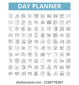 Day planner icons, line symbols, web signs, vector set, isolated illustration