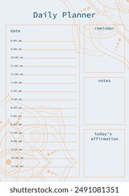 Day planner on a white background with a mandala design in bright colors. Includes sections for date, hourly schedule, reminders, notes and daily confirmations.