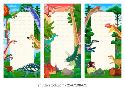 Day planner schedule with prehistoric dinosaurs characters. Vector daily calendar planner, day diary, to do list and notebook sheet template with jurassic dino animals and reptiles background frame