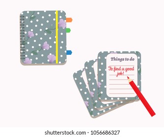 A day planner spiral-bound with the cute purple flowers and polka dots. A red pencil.  To do lists. Sign `To find a good job!` Vector illustration 