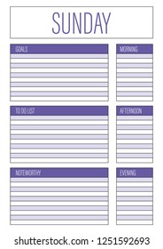 Day planner, Sunday planner for diary, notebook. Printable A4 planner vector illustration.