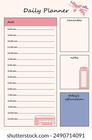 Day planner template with a British theme. The template has sections for scheduling, notes, reminders, and daily affirmations. Contains illustrations of the main attributes of England